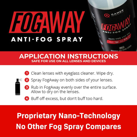 Fog Away Anti Fog Spray with instructions for swim goggles, glasses, and electronics. Silicone-free, no haze formula.