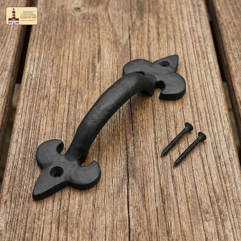 Old School Medieval Rustic Cast Iron Door Pull With Fleur De Lis Handle And Compact Grip, 7 1/8 Inch Decorative Hardware