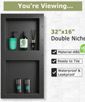 32 By 16 Inch Double Shelf Shower Niche Waterproof Recessed Organizer Space Saver For Tile Bathrooms Leakproof Built In Storage