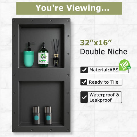 32 By 16 Inch Double Shelf Shower Niche Waterproof Recessed Organizer Space Saver For Tile Bathrooms Leakproof Built In Storage