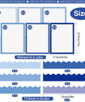 90 Piece Science Fair Board Supplies Set With 72 Scalloped Bulletin Borders In Bold Colors And 18 Sheets Of Presentation Subtitle Stickers For Classroom Displays And Kid Friendly Office Use Blue, showing dimensions and pieces of the set with blue borders and sticker sheets.