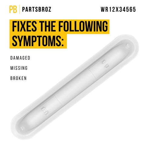 White Pocket Handle WR12X34565 Replacement For GE And Hotpoint Refrigerators, shown in packaging with label for fixing symptoms.