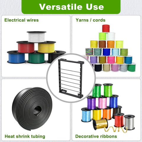 Heavy Duty Wall Mount Wire Spool Rack Featuring Six Adjustable Rods And Rust Resistant Steel For Garage Cord Organization, designed for multiple cord types.