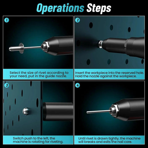 Powerful 18V Cordless Rivet Gun Kit With Bright Light And Auto Brushless Motor For Fast Heavy Duty Nailing Jobs On Wood Or Metal Surfaces Anywhere You Go, operation steps diagram