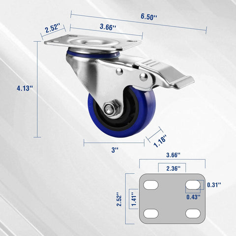 Heavy Duty 3 Inch Swivel Caster Wheels Set Of 4 with galvanized steel build, dimensions marked for easy installation and use.