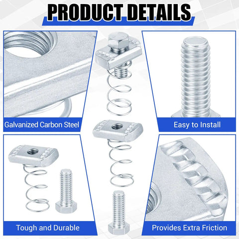 50 Piece 3/8-16 Spring Nut And Bolt Kit For Strut Channel Systems, includes galvanised carbon steel nuts and bolts