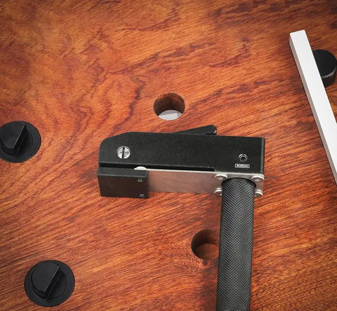 Lengthened Three Quarters Inch Dog Hole Hold Down Clamps Set Aluminum Alloy Bench Dog Clamps on wooden MFT table.