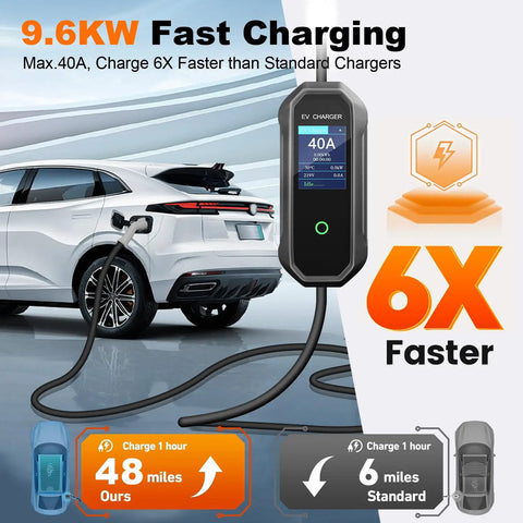 Grip And Go Portable Level 2 Ev Charger 40 Amp 23 Ft Cord Nema 14-50p Home Ev Charging Station Sae J1772 fast charging with display.