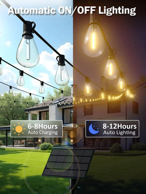 50Ft Solar String Lights Outdoor Dimmable Patio Lights With Remote USB Port dual day-night mode