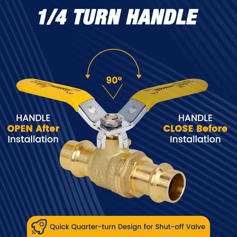 Front view of brass 3/4-inch ball valve with yellow dual handles for copper tubing connection