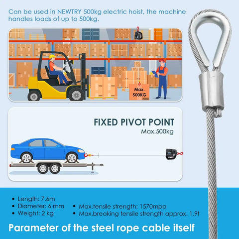 Pro Grade Galvanized Steel Wire Rope Replacement For Three In One 500Kg Electric Hoist Six Mm Thick Seven Point Six Meter Long Heavy Hitter Lifting Cable Straight Fix Job Ready Setup