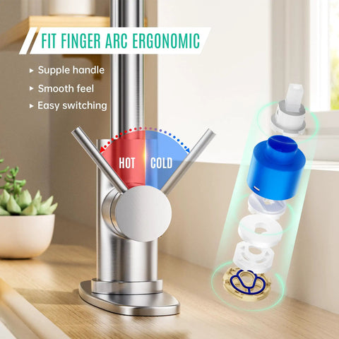 Top Shelf High Arc Kitchen Faucet With Pull Down Sprayer And Three Spray Settings Brushed Nickel handle showing hot and cold indicators.