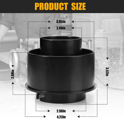 Front view of heavy-duty planer vacuum adapter replacement for DW735 DW735X planers with dimensions and dust port hose connector