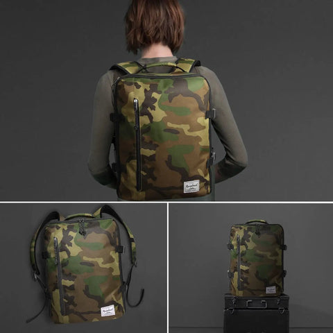 Underseat Carry On Travel Backpack 21L Lightweight Laptop Bag Fits MacBook Pro 16 Underseat Airline Bag Green Camo worn on back