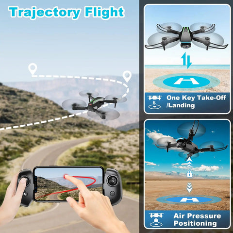 Camera Drone For Adults 1080P HD Foldable Quadcopter with trajectory flight and one key takeoff landing display over landscape.