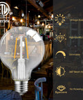 Dimmable G25 LED Globe Bulb 5W With Clear Vintage Filament, 60W Equivalent, 500 Lumens in a cozy cafe environment.