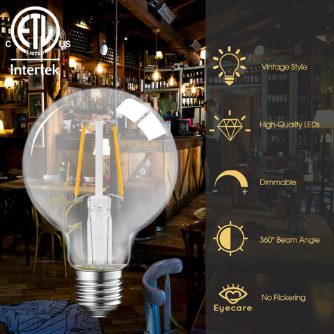 Dimmable G25 LED Globe Bulb 5W With Clear Vintage Filament, 60W Equivalent, 500 Lumens in a cozy cafe environment.