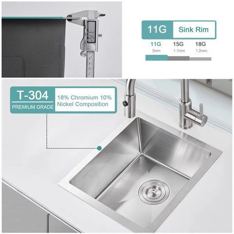 15 Inch Bar Sink Undermount Bar Prep Kitchen Sink With Single Bowl in T304 Stainless Steel showing gauge and nickel composition.