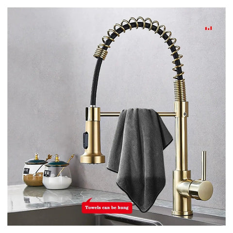 ZBSAVFM Matte Black Pull-Down Kitchen Faucet 360° Swivel Mixer Tap with Hot/Cold Water Easy Install showcasing gold finish and towel holder.