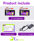 Two Pack 7.4V 3400mAh Li Ion Batteries With Red JST Plug For RC Speed Truggy Boats Drones Airsoft Water Ball Blasters And 2S Charger High Capacity Power Up Your Rigs With Easy Recharges, showing two batteries, charger, service card.