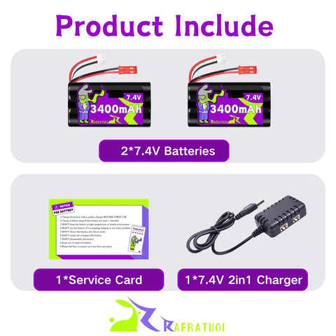 Two Pack 7.4V 3400mAh Li Ion Batteries With Red JST Plug For RC Speed Truggy Boats Drones Airsoft Water Ball Blasters And 2S Charger High Capacity Power Up Your Rigs With Easy Recharges, showing two batteries, charger, service card.