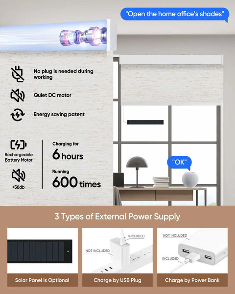 Premium Plug And Play Smart Motorized Blinds With Slick Remote App And Alexa Google Voice Control Total Blackout Rollers showing quiet DC motor and charging options.