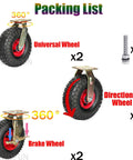Packing list image showing caster wheels: 2 universal with top plate swivel, 2 directional, and 2 with brakes, plus 8 bolts for mounting.