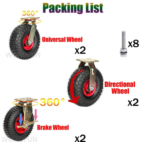 Packing list image showing caster wheels: 2 universal with top plate swivel, 2 directional, and 2 with brakes, plus 8 bolts for mounting.