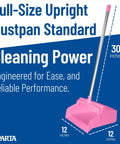 Straight Up Heavy Duty Standing Floor Dustpan With Thirty Inch Aluminum Handle And Serrated Comb Edge For Total No Sweat Commercial Cleanup And Daily Facility Sweeping Pink, shown upright with measurements.
