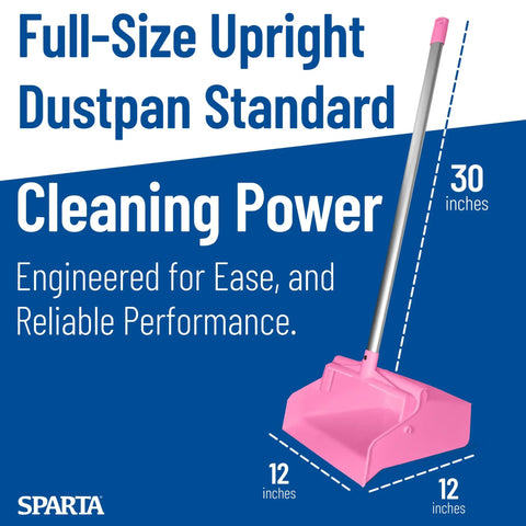 Straight Up Heavy Duty Standing Floor Dustpan With Thirty Inch Aluminum Handle And Serrated Comb Edge For Total No Sweat Commercial Cleanup And Daily Facility Sweeping Pink, shown upright with measurements.