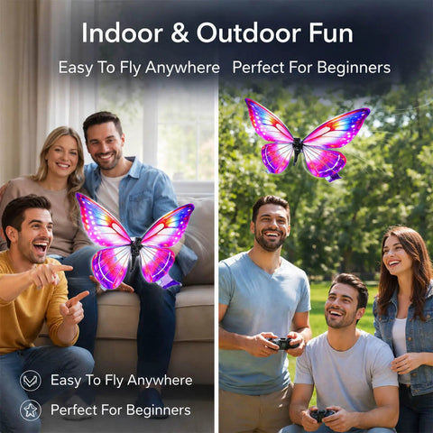 Flapping Wing RC Butterfly Drone With Sensor Assisted 4 Axis Gyro Stabilizer LED Lights Easy For Adults To Fly Realistic Insect Toy in use by adults indoors and outdoors.