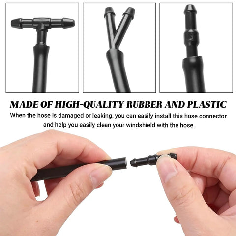 Top Shelf Universal Windshield Washer Hose Repair Kit With Four Meter Fluid Tubing Six Heavy Duty Connectors Fan Spray Nozzles And Quick Snap Clips For Your Daily Driver, showing a rubber and plastic hose connector installation.