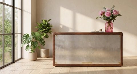 Sharp Aviator Bookcase Featuring Hand Beaten Aluminum Build And Single Storage Drawer Heavy Duty Industrial Home Office Shelves 60 Inches Tall For A Killer Workspace Vibe placed in a room with plants and sunlight.