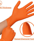 Tough As Nails Industrial Orange Nitrile Work Gloves With Solid Eight Mil Thickness And Raised Diamond Texture For Heavy Duty Jobs chemical resistant close-up of texture