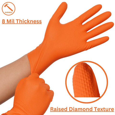 Tough As Nails Industrial Orange Nitrile Work Gloves With Solid Eight Mil Thickness And Raised Diamond Texture For Heavy Duty Jobs chemical resistant close-up of texture