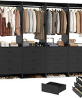 Modular Closet Organization System With Drawers And Hanging Rods Slips Into Tight Spaces Hella Sturdy Wood Frame Dead Simple To Pop Together Walk In Wardrobe Setup For Small Rooms Black Set Of Four Panels with clothing and accessories displayed.