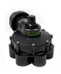 FIMCO 1-1/2 in six-outlet hydro indexing irrigation valve, front view, black plastic body with green label