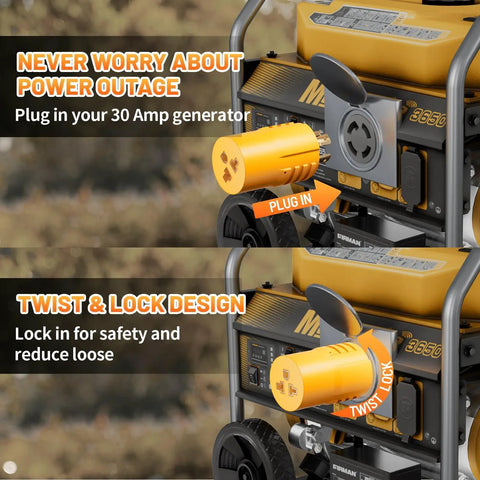 Game Changer Generator Power Adapter Converts Live 30 Amp Nema L14 30 Inlet Straight To Simple 20A Wall Sockets, highlighting twist and lock design.