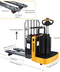 Heavy Duty Electric Pallet Jack Rider Packs Killer Six Thousand Six Hundred Pound Grip with detailed measurements and features.