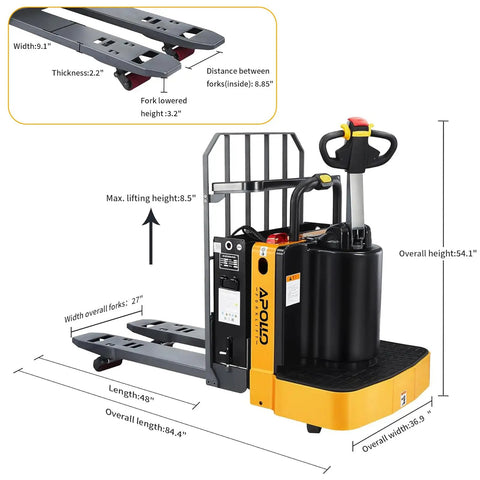 Heavy Duty Electric Pallet Jack Rider Packs Killer Six Thousand Six Hundred Pound Grip with detailed measurements and features.