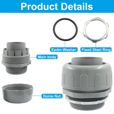 2 Pack 2 Inch NPT Liquid Tight Conduit Connector Heavy Duty Nonmetallic Straight PVC Electrical Fitting UL Listed parts details