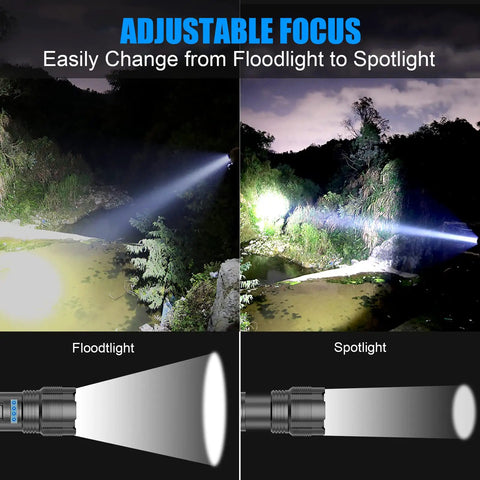 Rechargeable Tactical Flashlight 10000 Lumens Zoomable LED With Power Display IPX6 Waterproof Five Modes in floodlight and spotlight modes.