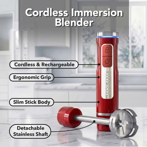 Rechargeable Cordless Hand Blender With 8 Speeds Red HR781R Portable USB C Kitchen Tool, showing ergonomic grip and stainless shaft.