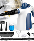 Heavy Duty Handheld Steam Cleaner For Kitchen Tile And Bathroom with accessories, measuring cup, and nozzle attachments.