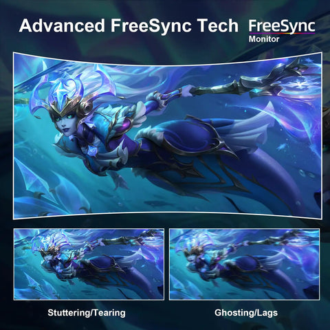 Illustration showcasing advanced FreeSync technology on a monitor, featuring a character with smooth visual performance.