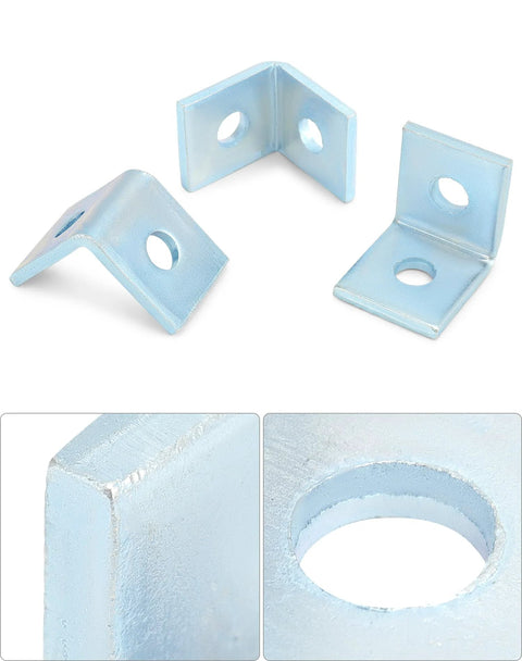 10 Pack Heavy Duty L Shaped Connector Brackets With Two Holes For Standard One And Five Eighths Inch Strut Channels Fits Half Inch Bolt Hole And 90 Degree Angle Made From Electrogalvanized Carbon Steel For Sturdy Industrial Framing And Support showing close-up of L bracket and bolt hole details.