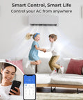 Slick Dual Zone Mini Split Air Conditioner 36000 BTU Wall Mounted Ductless Unit with kids jumping joyfully in a living room.
