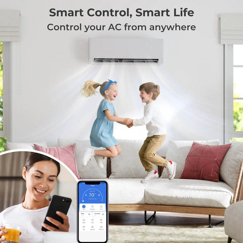 Slick Dual Zone Mini Split Air Conditioner 36000 BTU Wall Mounted Ductless Unit with kids jumping joyfully in a living room.
