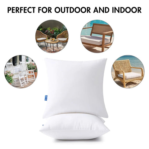 18x18 Outdoor Throw Pillows Set Of 4 Waterproof Cushions For Patio And Backyard Hangouts Water-Resistant Soft Support With Durable 7D Polyester Fill Weatherproof Fade-Resistant UV Protected Easy Care pillows shown in outdoor setting.