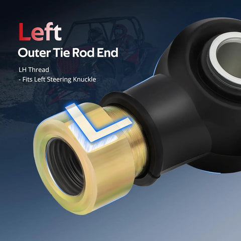 Outer Tie Rod End Set For Polaris UTVs RZR 570 800 900 And Ranger 400 425 500 570 700 800 900 1000 Ace Brutus HD GEM E2 E4 E6 EM1400 Built For Rugged Trails And Heavy Duty Steering Upgrade Real Tough Terrain Ready. Left outer tie rod end, LH thread, black housing with gold threaded end